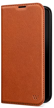 WIIUKA Hülle für iPhone 14 Pro Max, Leder aus Deutschland, mit Kartenfach, extra Dünn, Handyhülle mit Standfunktion, Tasche Cognac