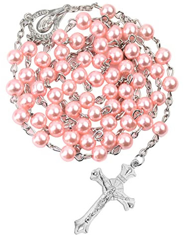 Karjiaja Pink Pearl Rosary Beads Catholic Necklace Glass Beads Necklace with Crucifix Charms Long Rosary Beads Necklace Prayer Beads Necklace Catholic Rosary Necklace for Men Women