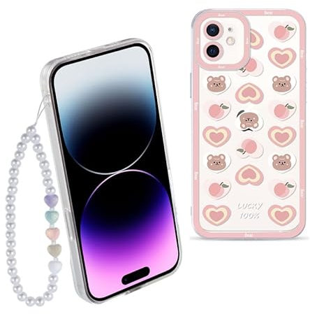 ZhuoFan Chaine Coque pour iPhone 12 6,1'' avec Bracelet, Aesthetic Perle Dragonne Antichoc Femme Housse Con Cordon, Transparent Silicone Étui de Protection pour iPhone 12, Rose