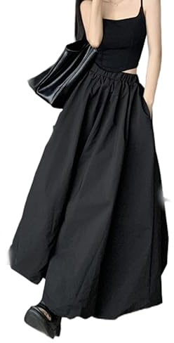 ARESU Jupe Maxi Ballon pour Femmes Mode coréenne Rue Noir Taille élastique A-Ligne rétro Jupe Longue Ample pour Femmes décontracté-Noir-M