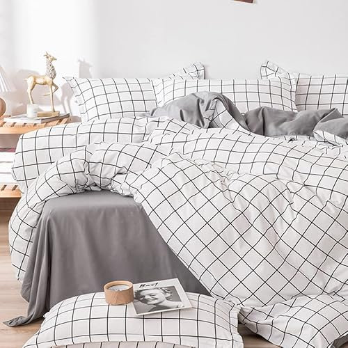 Omela Schwarz Weiß Kariert Bettwäsche Set 155x220 Microfaser Schwarz Weiss Karo Bettbezug Karomuster Grau Weiß Wendebettwäsche Set mit Kissenbezug 80x80 cm Reißverschluss