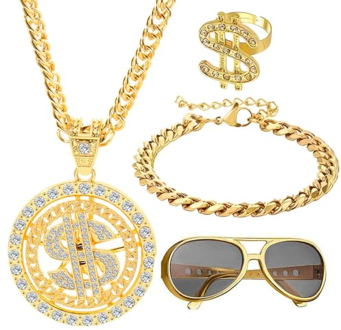 Zuhälter Kostüm,Hip hop disco kostüm accessoires,70er 80er Jahre accessoires herren,90er jahre outfit herren hip hop,Halskette dollar ring goldkette,Karneval kostüm herren zuhälter,Rapper accessoires