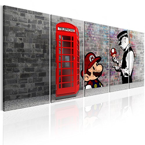 murando - Handart Banksy Mario Kunstdruck auf Leinwand 100x40 cm 5 tlg Groß Kunstbilder wie Handbemalte Wandbilder XXL mit Acrylgel beschichtet Wand Bilder mit Struktur Pop Art i-C-0104-b-m