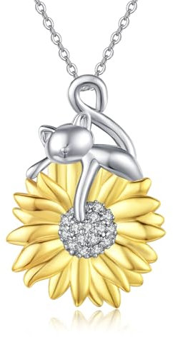 OHAYOO Anhänger Katze Kette Damen Silber 925 Katzen Kette Sonnenblumen Halskette Vergoldete Schmuck Damen für Frauen Mädchen Schwester Freundin