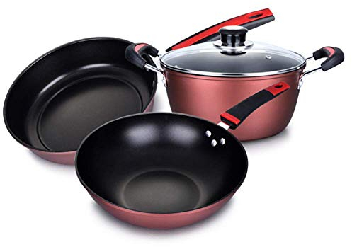 Utensilios de cocina de 3 piezas, con tapa de vidrio, sartén, utensilios de cocina, wok, mango resistente, antiadherente, sartén adecuada para múltiples fuentes de calor, incluida la cocina de inducc