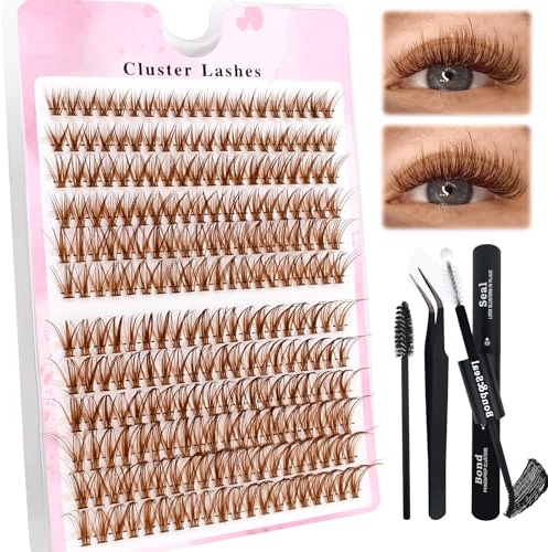 240 Pcs Brown DIY Wimpern Extensions Set 0.07D Wimpern Einzeln Individuelle Falsche Wimpern Cluster mit Wimpernkleber und Pinzette für Anfänger Wiederverwendbar Wimpernbüschel (240P-Brown)