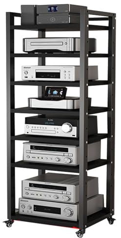 audio rack hifi regal 7-stufiges Audio-Rack, Modernes Audio-Video-Medienregal, Beweglicher Aufbewahrungswagen DVD-CD-Player-Ständer Verstärker-Rack Audio-Video-Komponenten-Medienständer(Color:Black,Si