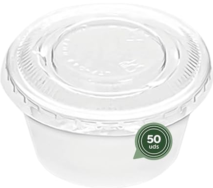 Horeca Collection MAXI PRODUCTS - 50 Salseras Blancas con Tapa Transparente - Botes de Plástico Reutilizables con Tapa para Salsas - Tarrinas Blancas 30 cc - Envases para Salsas - EXTRA RESISTENTES