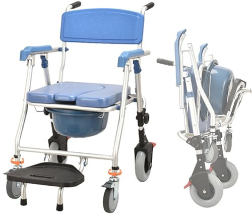 Sedia Comoda Wc Doccia con Ruote, Sedia Wc Pieghevole con Ruote e Freno, Sedia Doccia per Anziani Disabili, Sedia da Toilette Pieghevole, Quattro Ruote con Freni, Capacità di Carico: 150kg