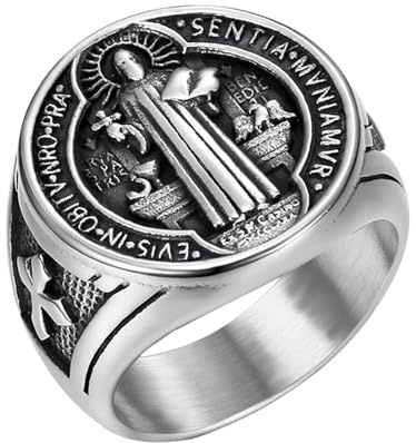 Flongo Saint Benedikt Siegelring für Herren: Gold Silber Religiöser Ring Amulett Heiliger Benedikt Edelstahl Katholisches Kreuz Exorzismus Ring Runde Retro Band Ring Geschenk Ringgröße von 57 bis 71
