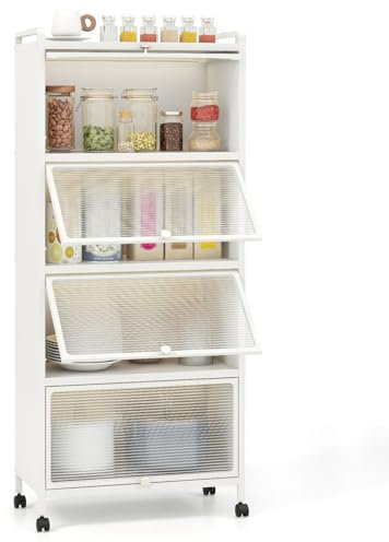 Rollbarer Küchenschrank, 5-stöckig, hoch, Speisekammer-Regal mit Klapptüren und feststellbaren Rollen, freistehendes Bäckerregal, Mikrowellenständer für Wohnzimmer, Esszimmer, 60 x 32 x 154 cm (weiß)
