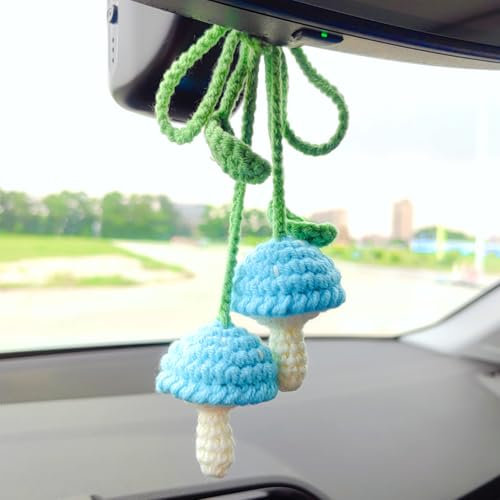 Accesorios de coche de hongos, (sin pegamento), accesorios seguros para colgar en el espejo del coche, accesorios de ganchillo para mujer, accesorios de espejo retrovisor para colgar en el coche,