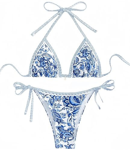 Ocean Plus Damen V-Ausschnitt Geblümt Triangel Bikini-Set mit Bügel Spaghetti Bademode Bandeau Slips mit Tunnelzug (L (EU 36-38), Dunkelblaue Blumen)