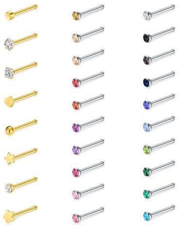 WillTen 30 pièces Piercing droit pour le nez en or, clou pour le nez 20G en acier inoxydable Petit clou pour le nez, minuscule clou pour la narine Piercing pour le nez pour femmes