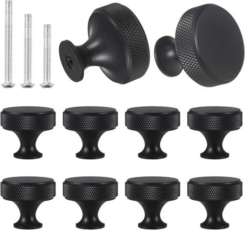AUTUUCKEE 10 Pcs Black Aluminum Alloy Cabinet Knobs, 3 x 2.6 cm, Matte Finish, Knurled Design, Suitable for Cupboards, Drawers, and Furniture