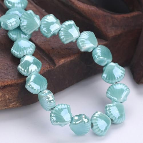 Lot de 10 Perles en Porcelaine émaillées Brillantes Faites à la Main en Forme de Coquille Saint-Jacques 11 x 9 mm - Cyan