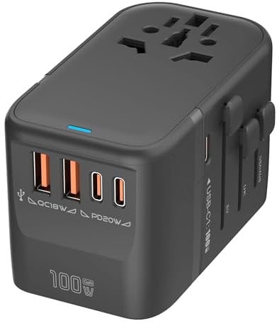 100W GaN Charger REFLEX POWER Universal Travel Adapter GaN Charging Hub, Worldwide USB-C Charger with 5 USB Ports (2 Type A & 3 Type C), International Power Adapter for UK/EU/USA/AUS