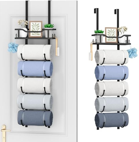 SWTYMIKI Over Door Towel Rack - 6 Tier Towel Storage Rack for Bathroom Wall Mounted, Towel Holder with Shelf, Hanging Rolled Towel Rail & Bathroom Storage Organiser for Bathroom, Camper, RV