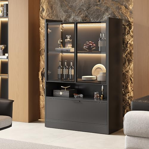 Rosebibi Moderne LED Vitrine Schwarz Matt Höhe 120cm mit 16-farbige LED-Beleuchtung, Glasvitrine Standvitrine mit Beleuchtung, Wohnzimmerschrank mit Glastüren und Klapptür, Spanplatte Display Schrank