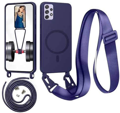 Beajew Handykette für Samsung Galaxy A52 5G Hülle mit Band [Kompatibel mit Magsafe] Flüssig Silikon Necklace Handyhülle Magnetische Schutzhülle zum Umhängen Kordel für Samsung A52 5G, Dunkelblau