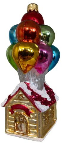 Glas Christbaumschmuck mundgeblasen handbemalt in Europa | Weihnachtsbaum Anhänger für Weihnachten | Christbaumanhänger | Weihnachtsbaumschmuck (Haus mit Luftballons)