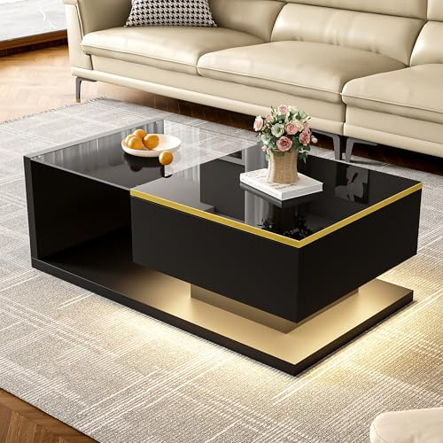 Physport 90 cm Long Coffee Table, Black. Side Tables, Coffee Tables with Glass and LED Effect, Elegant Design, Sturdy and Durable