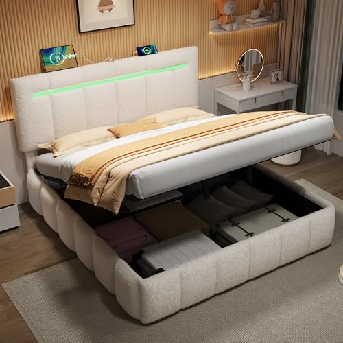 5ft King Size Bed Frame Upholstered Ottoman Bed with Hydraulic Storage & LED Adjustable Headboard, Boucle Fabric Functional Gas Lift Storage Beds with Charging Station&Wooden Slats,Beige,No Mattress