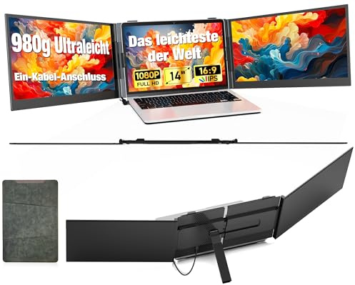 14-Zoll Laptop Monitor Erweiterung, Ein-Kabel-Anschluss, Ultra-dünn | Ultra-Leicht Tragbarer Triple Screen Extender mit Lautsprechern, 1080P FHD, Plug&Play, Laptops mit Wins/Mac/Android