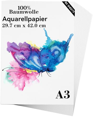 Aquarellpapier A3 (29,7 x 42 cm), 80 Blatt, schweres 300 g/m², kaltgepresstes natürliches Baumwollpapier für Studenten, Künstler, Aquarellzeichnungen (A3)
