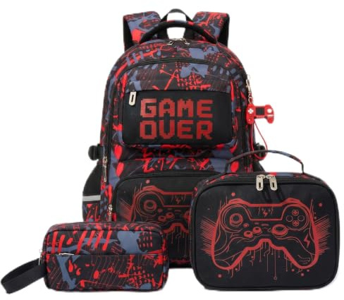 Amythe Cartable École Garçons 8 à 12 ans Lumineux 3 pièces Set Léger, Rouge | Imperméable 3 pièces Réfléchissant Rouge Daypack Multi-Poches Spacieux Robuste pour École Voyage Randonnée Loisir