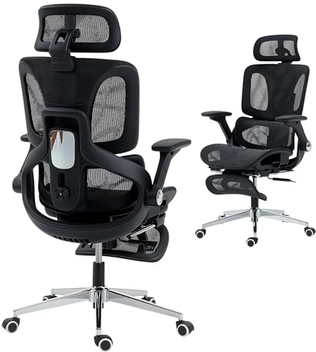 HOMCOM Ergonomic Office Chair, High Back Mesh Desk Chair with Separated Backrest, 4D Flip-up Armrests, Adjustable Headrest, Lumbar Support and Seat Depth, Footrest for Home Office, Black