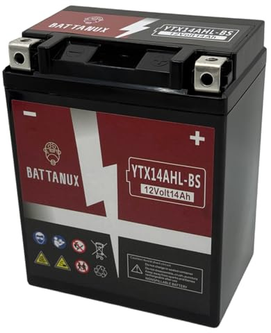 Battanux YB14L-A2 YTX14AHL-BS Batterie Moto 12V 14Ah AGM – Haute Capacité, Sans Entretien, Anti-Fuite, Prête à l’Emploi pour Moto, ATV & UTV