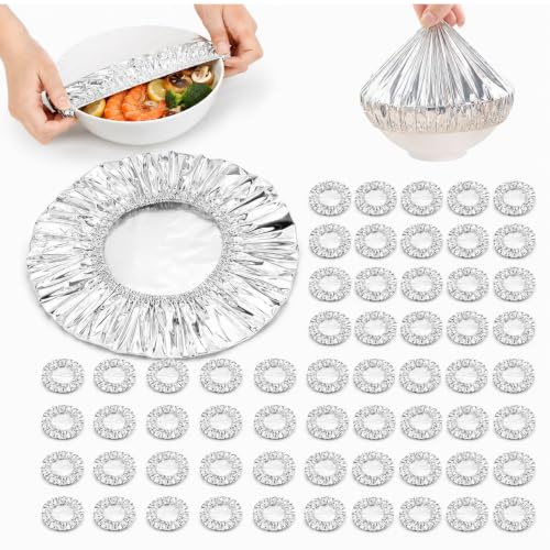 50 PCS Stretchy Foil Food Covers, Elastic Reusable Seal Lids for Plates Bowls and Food Containers, Heat Preserving Storage Accessory for Household Meal and Commercial Catering Use