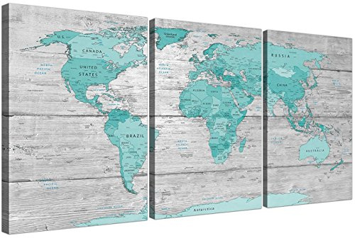 Wallfillers Large Teal Grey Map of World Atlas Canvas Wall Art Set of 3