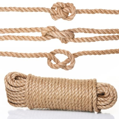 Naler Cuerda de cáñamo 25 m 6 mm, 100% Yute Natural, 4 Capas de Cuerda Gruesa para Barcos, Barras de arañar de Animales, Manualidades, Embalaje de Regalo, jardinería y floristería