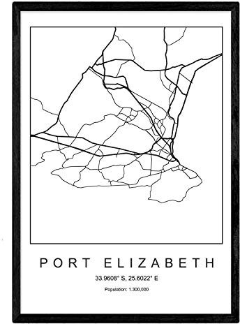 Nacnic Drucken Stadtplan Port Elizabeth skandinavischen Stil in Schwarz und Weiß. A3 Größe Plakat Das Bedruckte Papier Keine 250 gr. Gemälde, Drucke und Poster für Wohnzimmer und Schlafzimmer