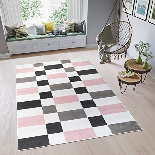 TAPISO Pimky Tappeto Salotto Soggiorno Moderno Camera da letto Bianco Rosa Grigio Quadrato A Pelo Corto Morbido 80 x 150 cm