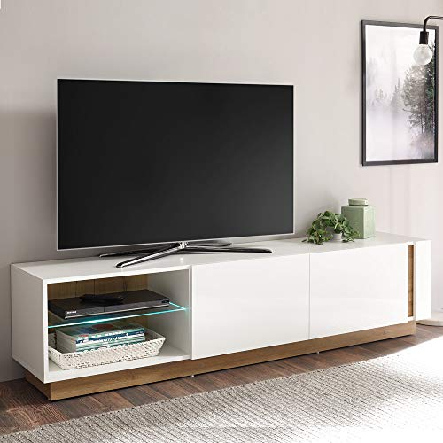 Lomadox Modernes Lowboard mit LED 188cm in weiß Glanz und Grandson Oak Eiche Nb.