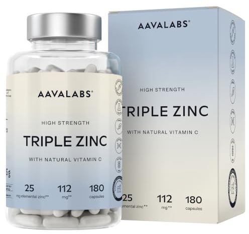 Zinco Integratore 25mg 3-in-1 con Vitamina C - Zinco Bisglicinato, Picolinato, Monometionina a Spettro Completo - Integratori Pelle Alto Assorbimento - 180 Capsule Vegan