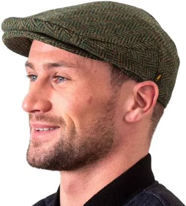 Hatman of Ireland Authentische Tweed Flachkappe für Herren 100% Donegal Tweed Fischgrätenmuster handgefertigt Hergestellt in Irland (DE/NL/SE/PL, Alphanumerisch, XL, Armee-grün)