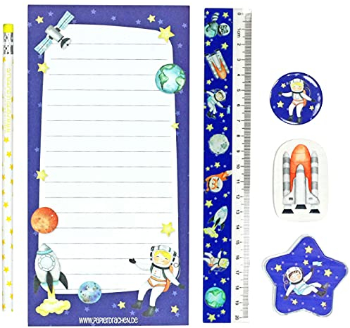 Papierdrachen 6-teiliges Schreibset für Grundschul Kinder | Astronaut-Motiv | mit Bleistift Spitzer Lineal Radierer Schreibblock | Geschenkidee zur Einschulung | Mitgebsel für Kindergeburtstag | Set 5