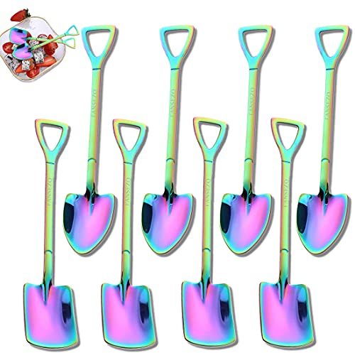 FANSEZQ 8 Stück 304 Edelstahl Spatenlöffel, schaufelförmiger kreativer Schaufelnetz roter Löffel, Kaffeelöffel, Wassermelonenlöffel Milchtee Kaffee Kaffee Zuckerlöffel Eisdessertlöffel (bunt)