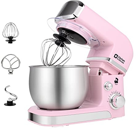 Kitchen in the box - Batidora de pie, mezcladora eléctrica pequeña de 3 L, batidora portátil ligera de 6 velocidades para uso diario con batidor de huevo, gancho de masa, batidor plano (rosa)