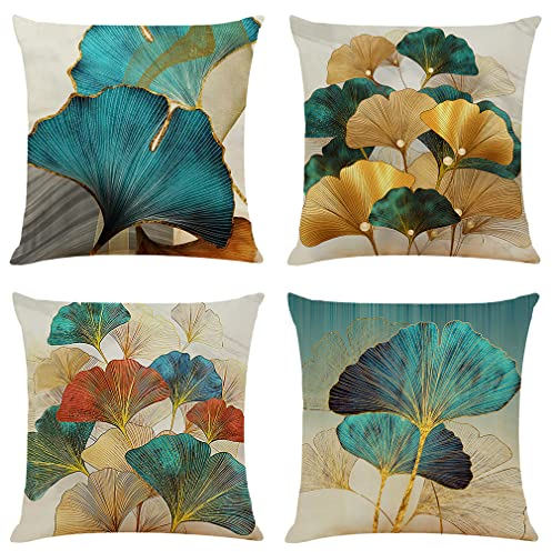 NIULAA Kissenbezug 45 x 45 4er Set Türkis Gold Ginkgo Deko Kissen Kissenhülle Dekokissen Natur Landhausstil Dekorative Sofakissen Leinen Kissenbezüge Luxus Decor für Sofa Couch Wohnzimmer