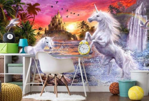 Papier Peint 3D Intissé Licorne Du Château Arc En Ciel Papier Peint Panoramique 3D Moderne Décoration Murale