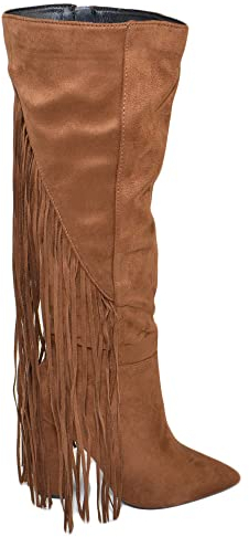 Malu Shoes Stivali donna texani camoscio cuoio con frange lunghe dietro e tacco largo altezza ginocchio moda glamour luxury (39 EU)