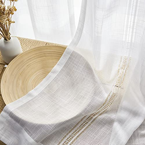 Maison Colette Linen Sheer Curtains 108 Inches Length for Living Room/Bedroom,Extra Long Semi Sheer Privacy Panels Dining Patio Door Large Window Decor,2 Panels,52 Width,White