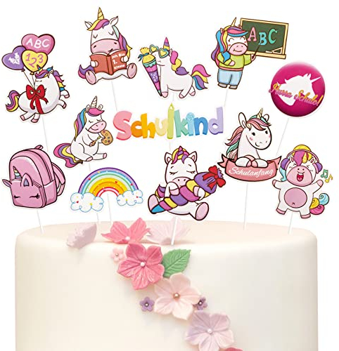 24 Stück Einhorn Einschulung Tortendeko Mädchen - Schulanfang Cupcake Topper im Niedlichem Einhorn-Stil - Einschulung Muffin Deko zum 1. Schultag, Schulkind, Schulanfang, Schuleinführung usw.
