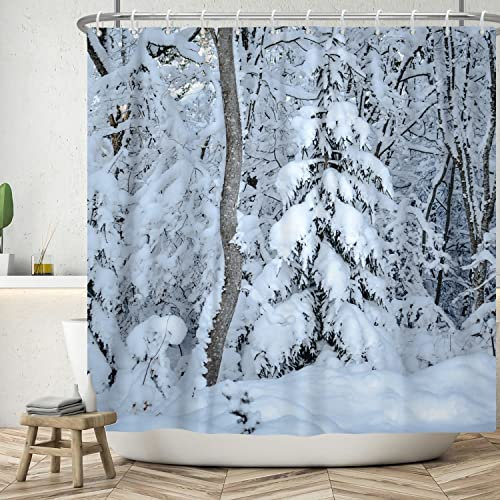 Bovlleetd 180x200cm Winter Schnee Duschvorhang Winter Wald Schneit Duschvorhänge Weihnachten Badezimmer Dekorativer Vorhang Wasserdichter Badevorhang mit Haken Langlebig