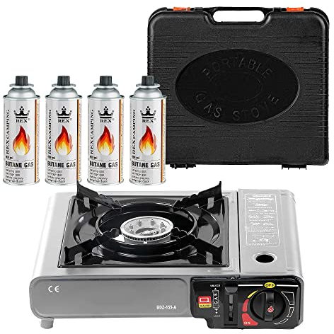 Mianova Campingkocher Outdoor Gaskocher BBQ Anzünder Grill Notfallkocher Tischgrill Gaskartuschen Gas Kocher Herd 1 flammig Set Grau + 4 Gasflaschen